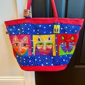 Laurel Burch VTG 90s Cat Art Multicolor Sequin Embroider Canvas Tote Bag Purse